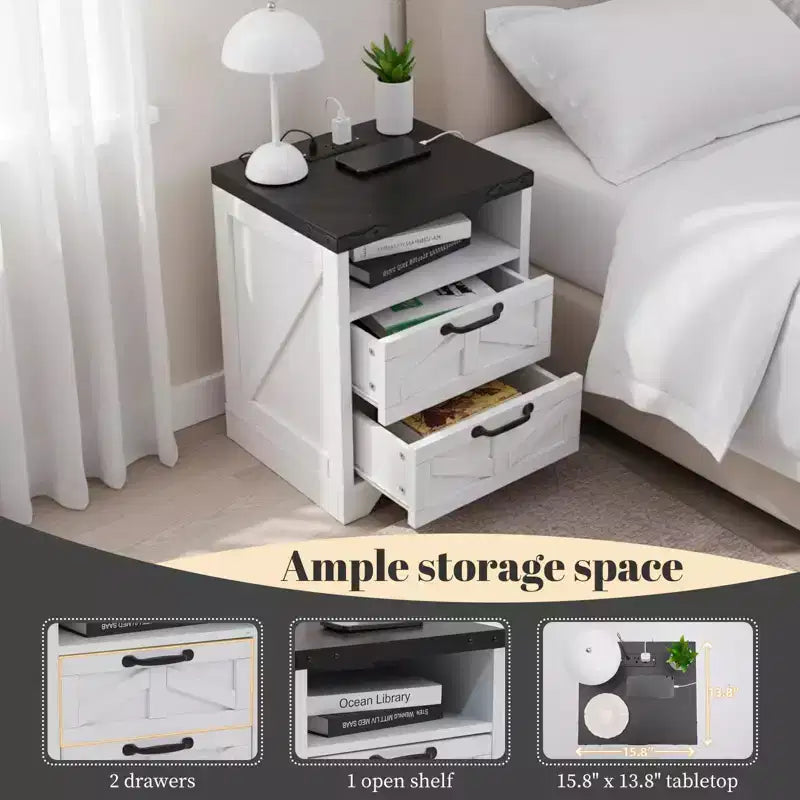 COZONY Nightstand with Charging Station 2 AC Outlets & 2 USB Ports Industrial Bedside Table with 2 Drawers for Bedroom