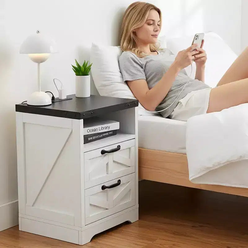 COZONY Nightstand with Charging Station 2 AC Outlets & 2 USB Ports Industrial Bedside Table with 2 Drawers for Bedroom