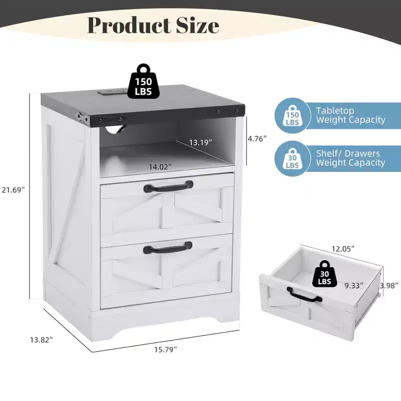 COZONY Nightstand with Charging Station 2 AC Outlets & 2 USB Ports Industrial Bedside Table with 2 Drawers for Bedroom