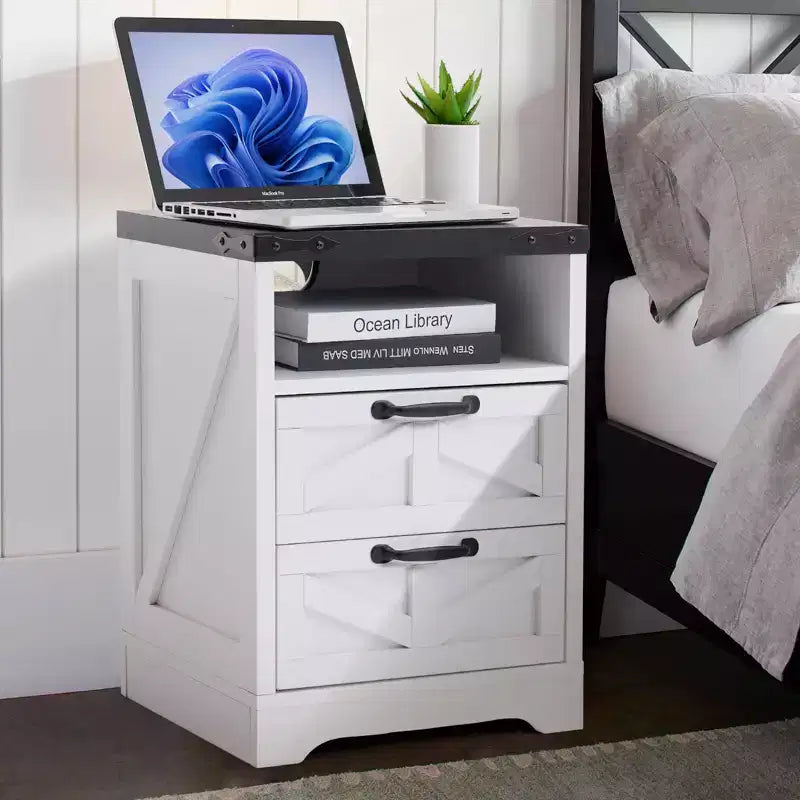 COZONY Nightstand with Charging Station 2 AC Outlets & 2 USB Ports Industrial Bedside Table with 2 Drawers for Bedroom