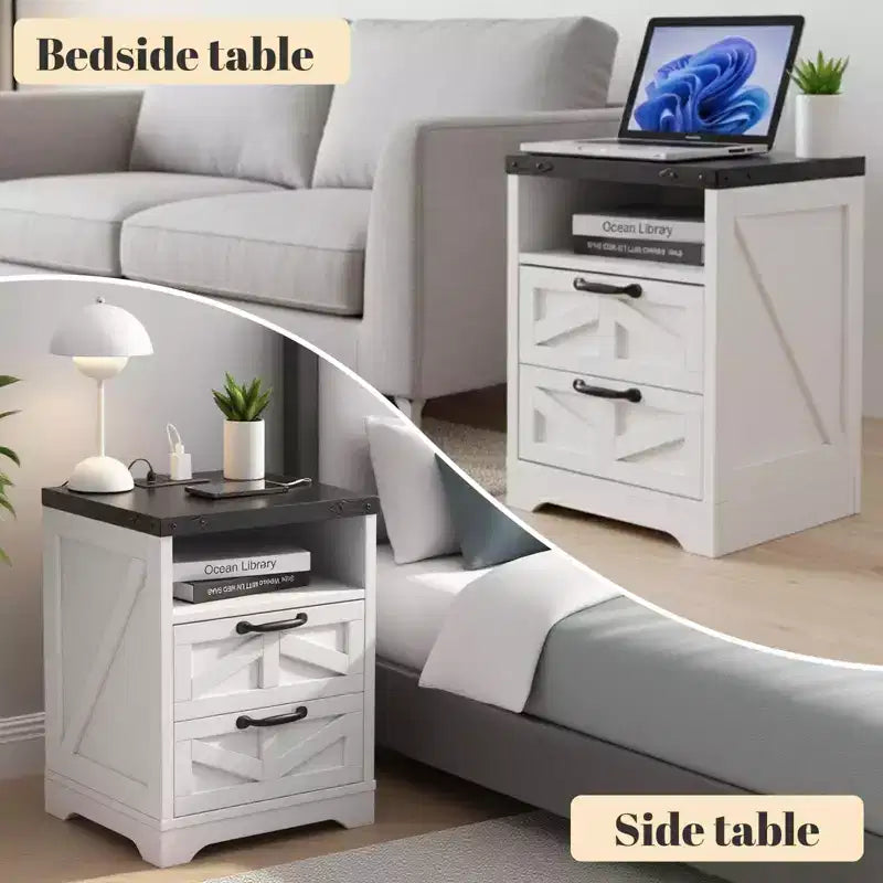 COZONY Nightstand with Charging Station 2 AC Outlets & 2 USB Ports Industrial Bedside Table with 2 Drawers for Bedroom