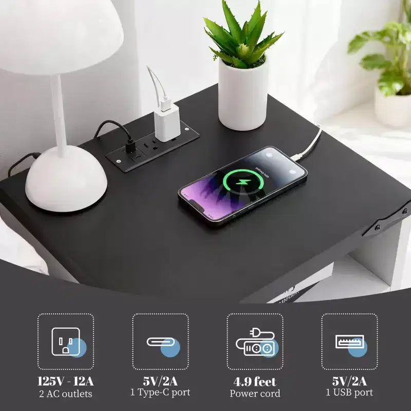 COZONY Nightstand with Charging Station 2 AC Outlets & 2 USB Ports Industrial Bedside Table with 2 Drawers for Bedroom