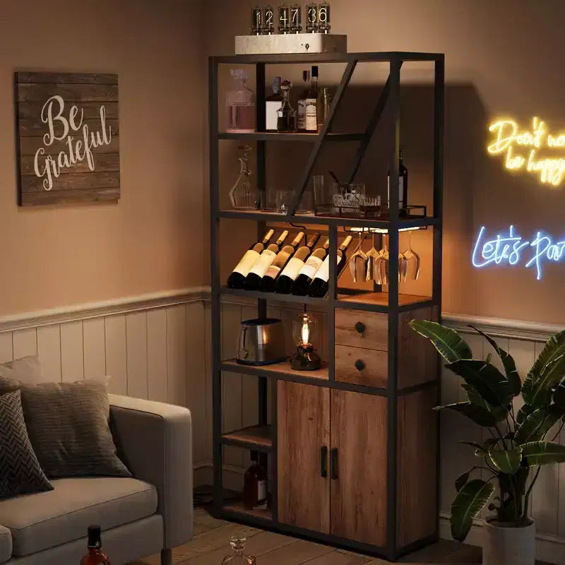 Wine Bar Cabinet Tall Coffee Bar Station Microwave Stand with Storage Farmhouse Coffee Bar Cabinet Station with Wine Rack Goblet Holder