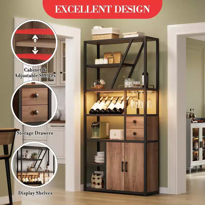 Wine Bar Cabinet Tall Coffee Bar Station Microwave Stand with Storage Farmhouse Coffee Bar Cabinet Station with Wine Rack Goblet Holder