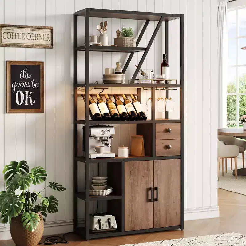 Wine Bar Cabinet Tall Coffee Bar Station Microwave Stand with Storage Farmhouse Coffee Bar Cabinet Station with Wine Rack Goblet Holder
