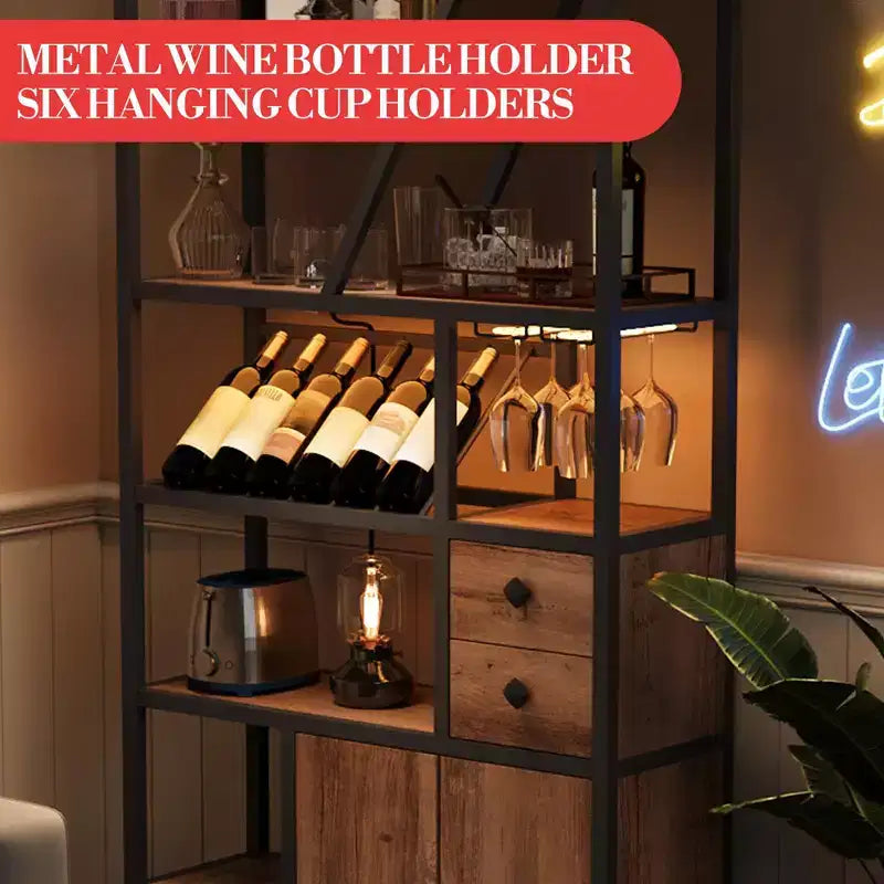 Wine Bar Cabinet Tall Coffee Bar Station Microwave Stand with Storage Farmhouse Coffee Bar Cabinet Station with Wine Rack Goblet Holder