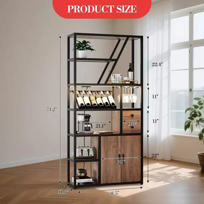 Wine Bar Cabinet Tall Coffee Bar Station Microwave Stand with Storage Farmhouse Coffee Bar Cabinet Station with Wine Rack Goblet Holder