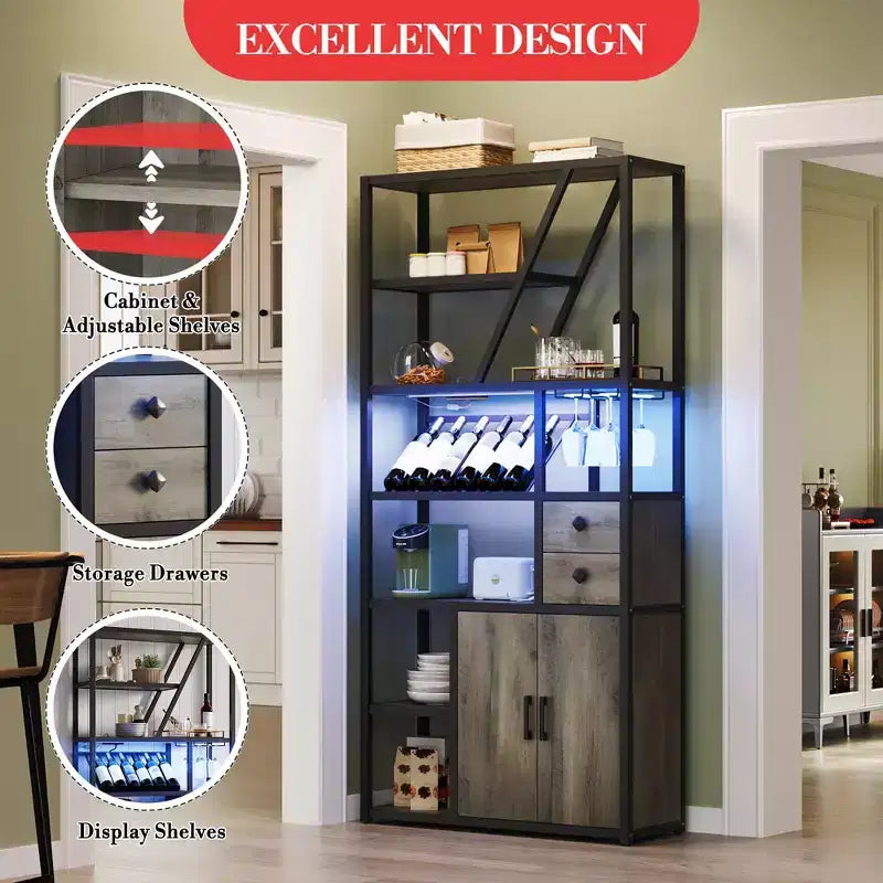 Wine Bar Cabinet Tall Coffee Bar Station Microwave Stand with Storage Farmhouse Coffee Bar Cabinet Station with Wine Rack Goblet Holder