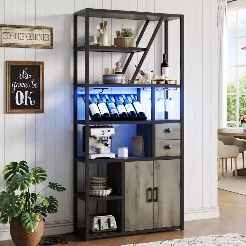 Wine Bar Cabinet Tall Coffee Bar Station Microwave Stand with Storage Farmhouse Coffee Bar Cabinet Station with Wine Rack Goblet Holder