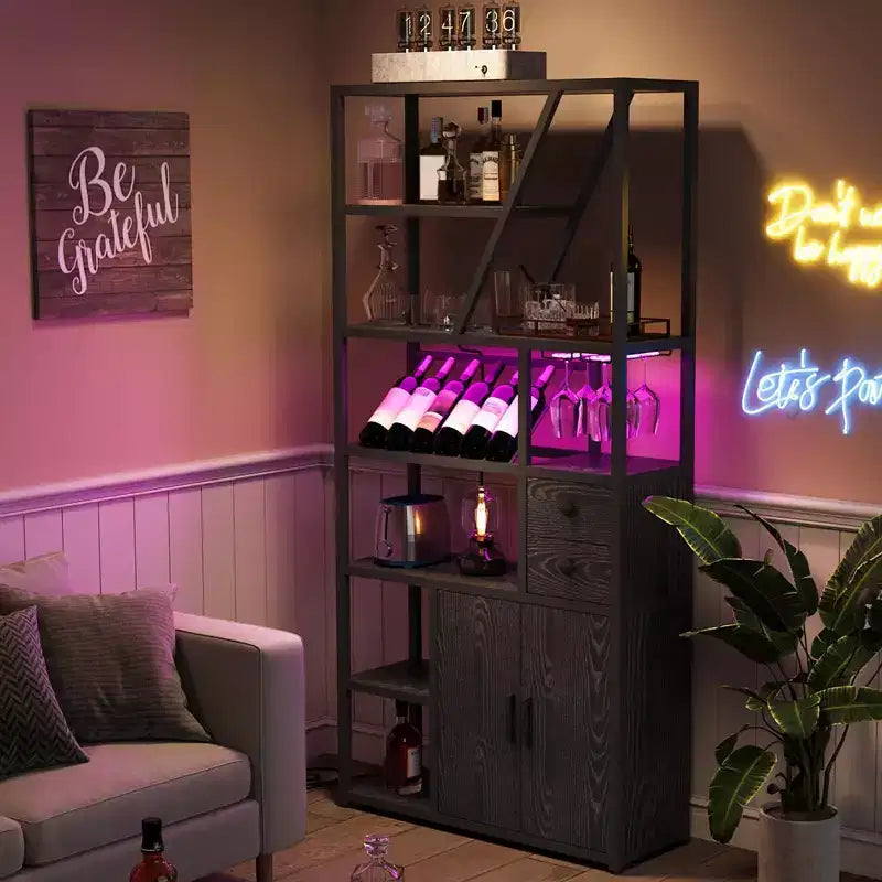 Wine Bar Cabinet Tall Coffee Bar Station Microwave Stand with Storage Farmhouse Coffee Bar Cabinet Station with Wine Rack Goblet Holder
