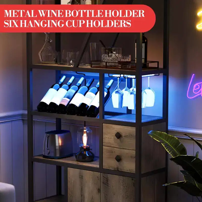 Wine Bar Cabinet Tall Coffee Bar Station Microwave Stand with Storage Farmhouse Coffee Bar Cabinet Station with Wine Rack Goblet Holder