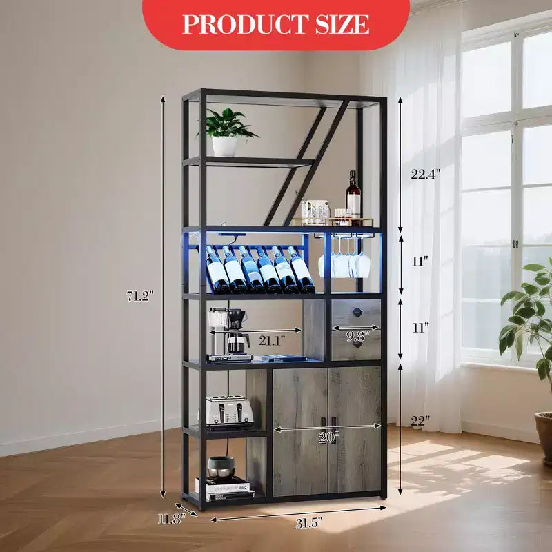 Wine Bar Cabinet Tall Coffee Bar Station Microwave Stand with Storage Farmhouse Coffee Bar Cabinet Station with Wine Rack Goblet Holder