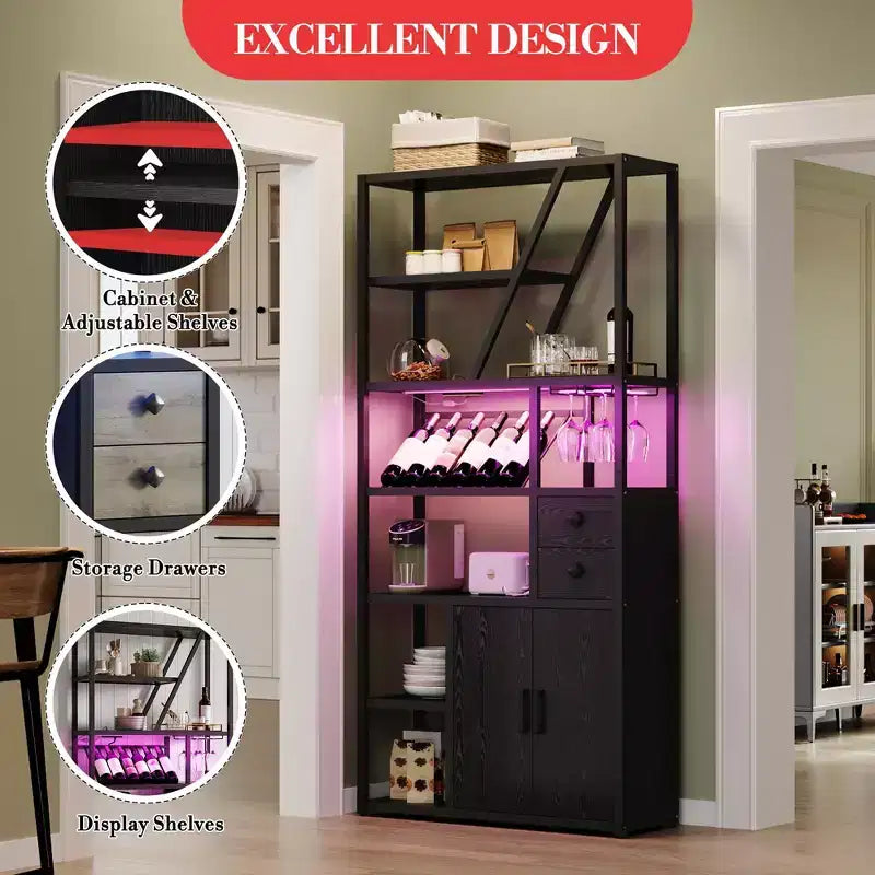 Wine Bar Cabinet Tall Coffee Bar Station Microwave Stand with Storage Farmhouse Coffee Bar Cabinet Station with Wine Rack Goblet Holder