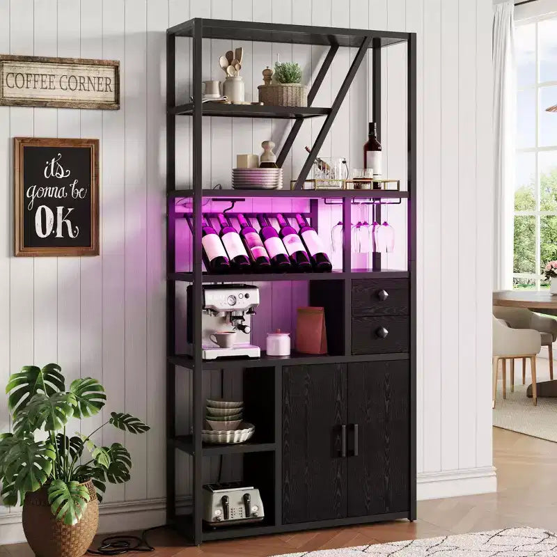 Wine Bar Cabinet Tall Coffee Bar Station Microwave Stand with Storage Farmhouse Coffee Bar Cabinet Station with Wine Rack Goblet Holder