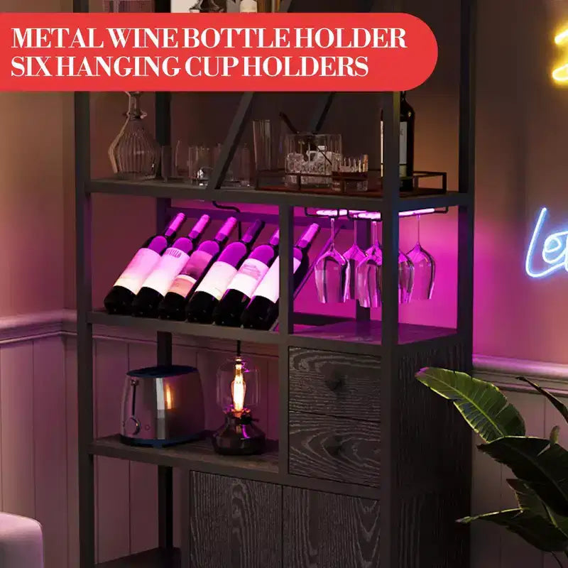 Wine Bar Cabinet Tall Coffee Bar Station Microwave Stand with Storage Farmhouse Coffee Bar Cabinet Station with Wine Rack Goblet Holder