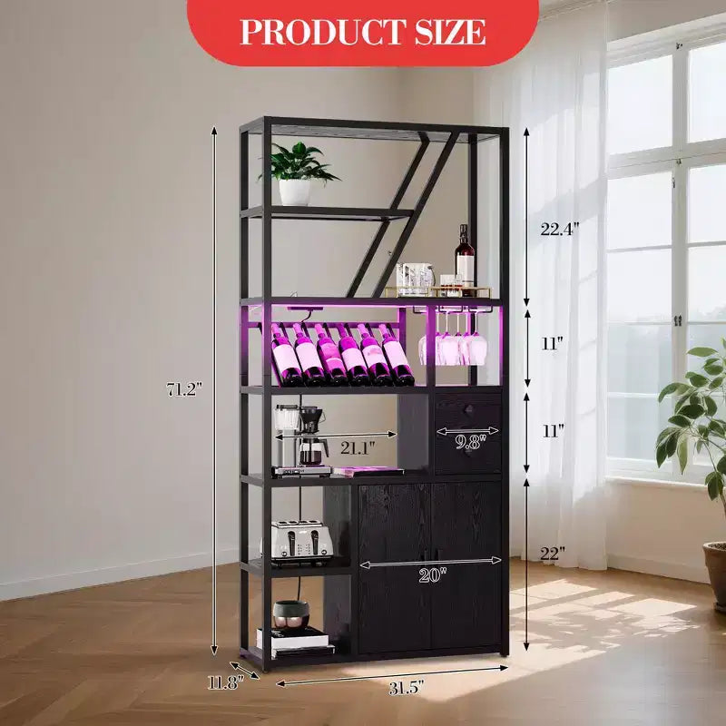 Wine Bar Cabinet Tall Coffee Bar Station Microwave Stand with Storage Farmhouse Coffee Bar Cabinet Station with Wine Rack Goblet Holder