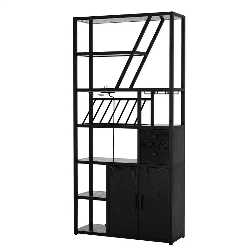 Wine Bar Cabinet Tall Coffee Bar Station Microwave Stand with Storage Farmhouse Coffee Bar Cabinet Station with Wine Rack Goblet Holder