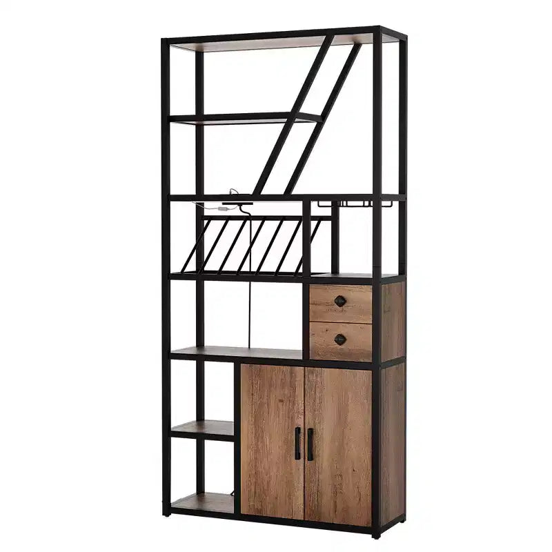 Wine Bar Cabinet Tall Coffee Bar Station Microwave Stand with Storage Farmhouse Coffee Bar Cabinet Station with Wine Rack Goblet Holder