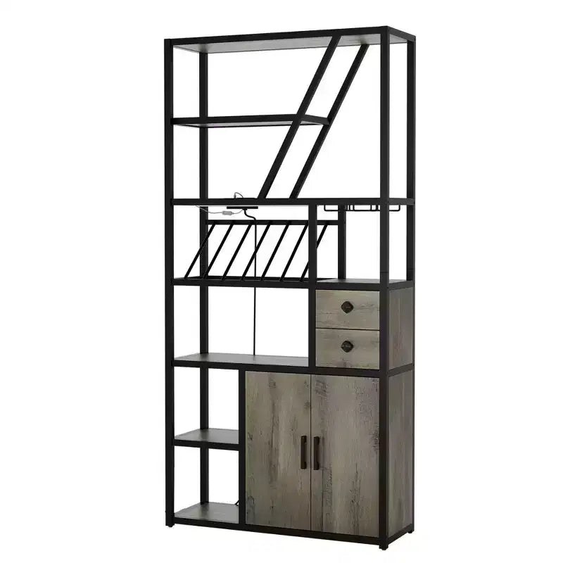 Wine Bar Cabinet Tall Coffee Bar Station Microwave Stand with Storage Farmhouse Coffee Bar Cabinet Station with Wine Rack Goblet Holder