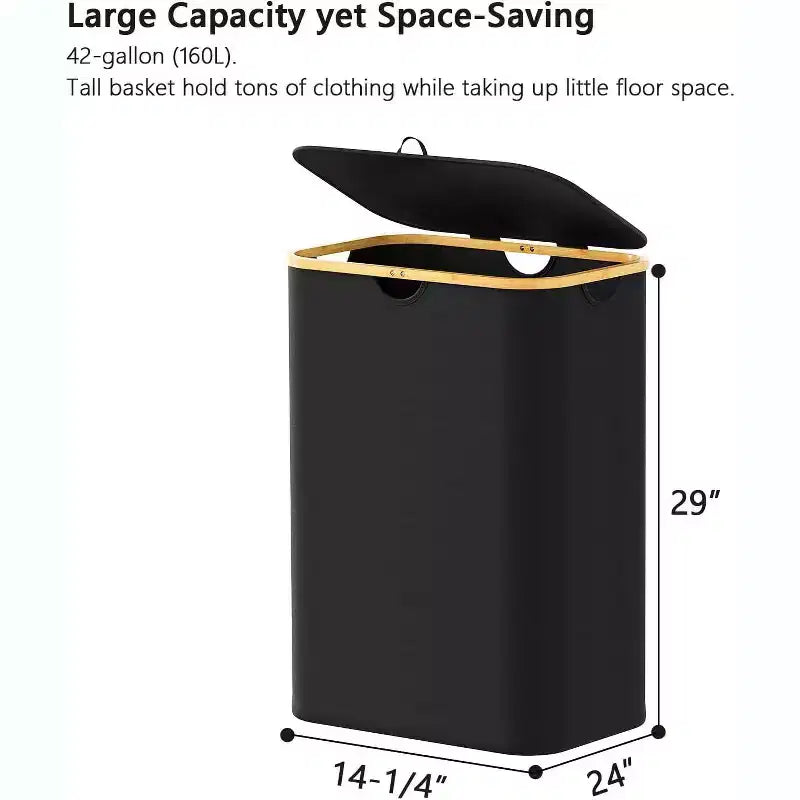 Laundry Hamper 2-compartment with 2 Removable Bags 160L Collapsible Basket with Lid and Bamboo Handles SpaceAid