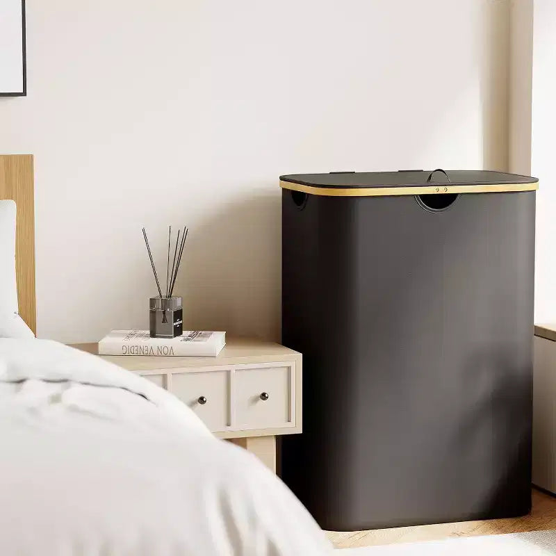 Laundry Hamper 2-compartment with 2 Removable Bags 160L Collapsible Basket with Lid and Bamboo Handles SpaceAid