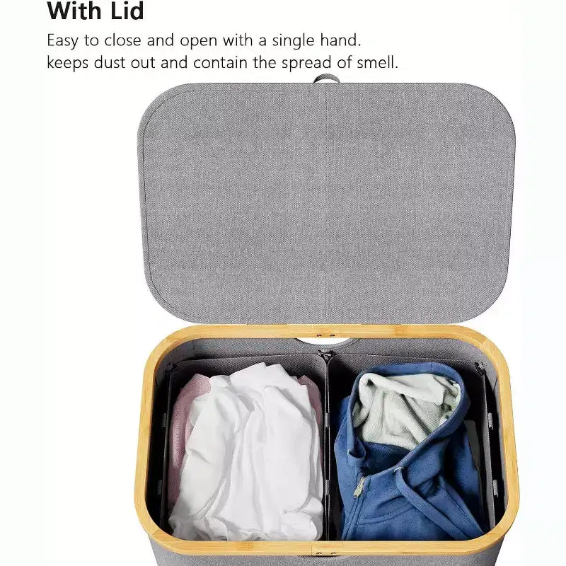 Laundry Hamper 2-compartment with 2 Removable Bags 160L Collapsible Basket with Lid and Bamboo Handles SpaceAid