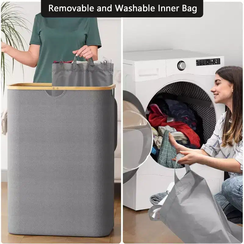 Laundry Hamper 2-compartment with 2 Removable Bags 160L Collapsible Basket with Lid and Bamboo Handles SpaceAid