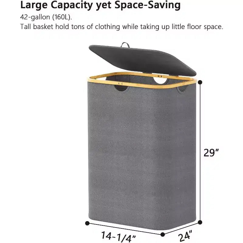 Laundry Hamper 2-compartment with 2 Removable Bags 160L Collapsible Basket with Lid and Bamboo Handles SpaceAid