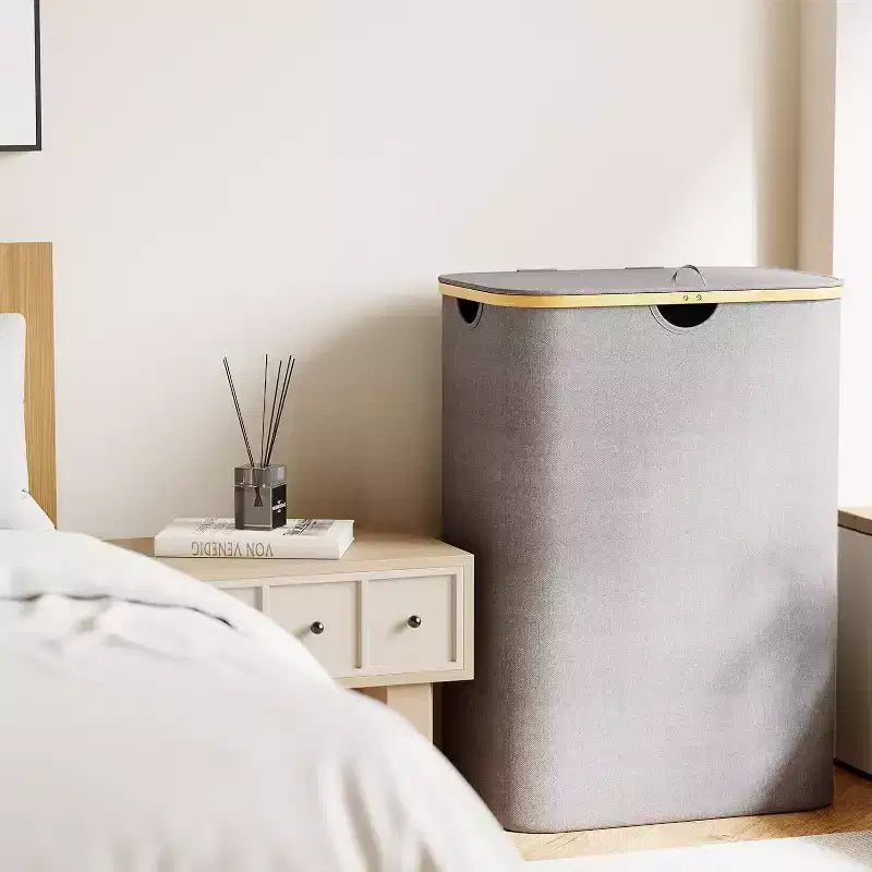 Laundry Hamper 2-compartment with 2 Removable Bags 160L Collapsible Basket with Lid and Bamboo Handles SpaceAid