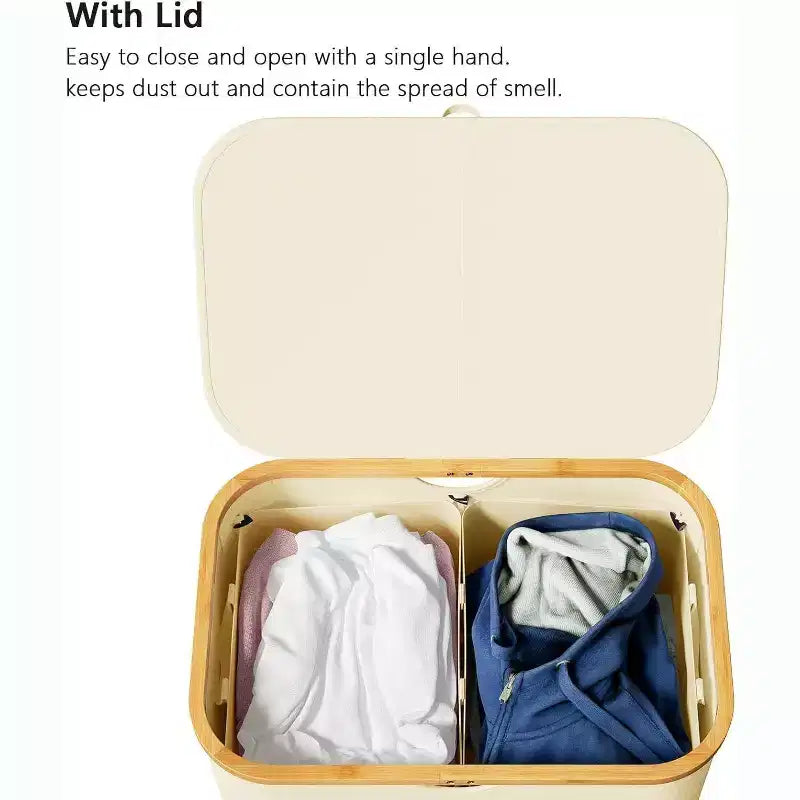 Laundry Hamper 2-compartment with 2 Removable Bags 160L Collapsible Basket with Lid and Bamboo Handles SpaceAid