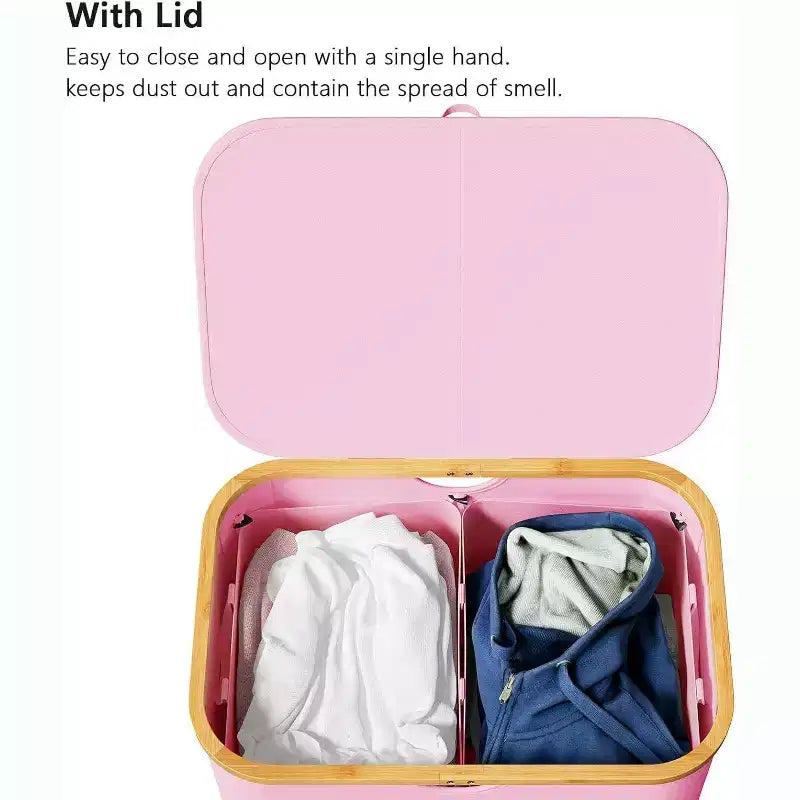 Laundry Hamper 2-compartment with 2 Removable Bags 160L Collapsible Basket with Lid and Bamboo Handles SpaceAid