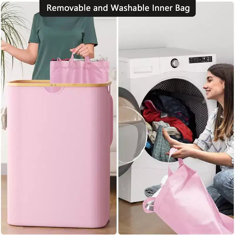 Laundry Hamper 2-compartment with 2 Removable Bags 160L Collapsible Basket with Lid and Bamboo Handles SpaceAid