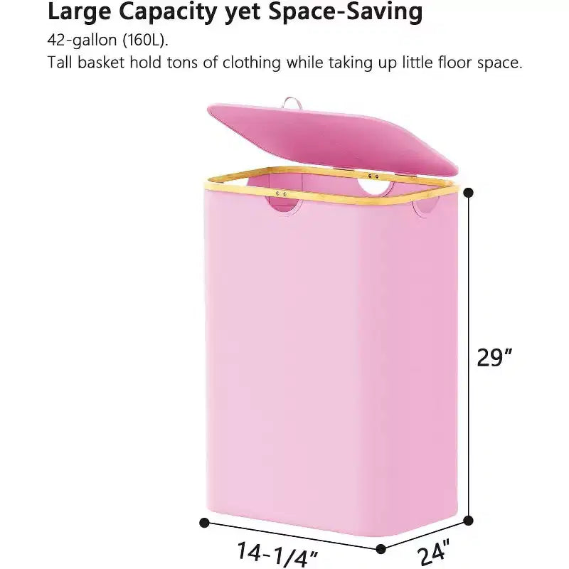 Laundry Hamper 2-compartment with 2 Removable Bags 160L Collapsible Basket with Lid and Bamboo Handles SpaceAid