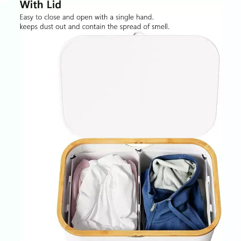 Laundry Hamper 2-compartment with 2 Removable Bags 160L Collapsible Basket with Lid and Bamboo Handles SpaceAid
