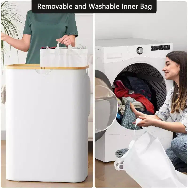Laundry Hamper 2-compartment with 2 Removable Bags 160L Collapsible Basket with Lid and Bamboo Handles SpaceAid