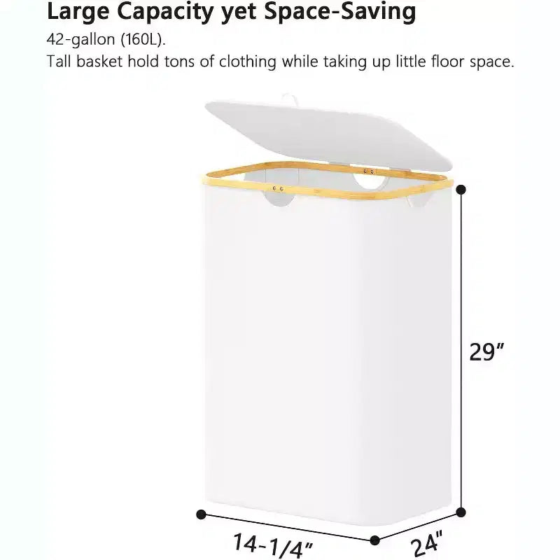 Laundry Hamper 2-compartment with 2 Removable Bags 160L Collapsible Basket with Lid and Bamboo Handles SpaceAid