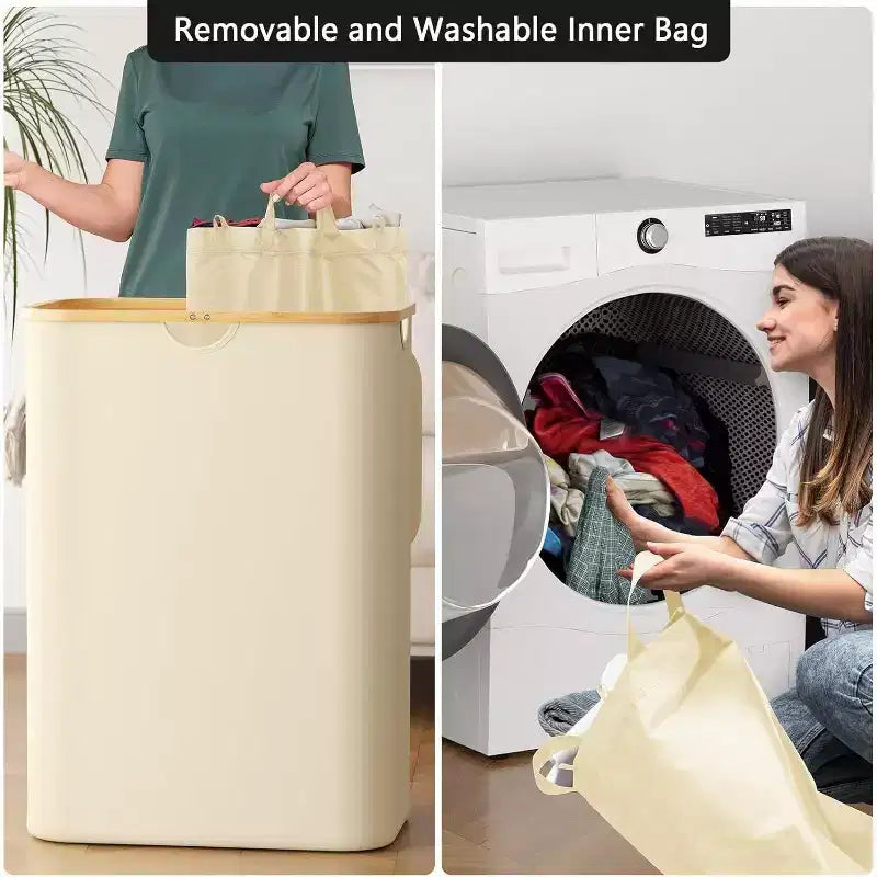 Laundry Hamper 2-compartment with 2 Removable Bags 160L Collapsible Basket with Lid and Bamboo Handles SpaceAid