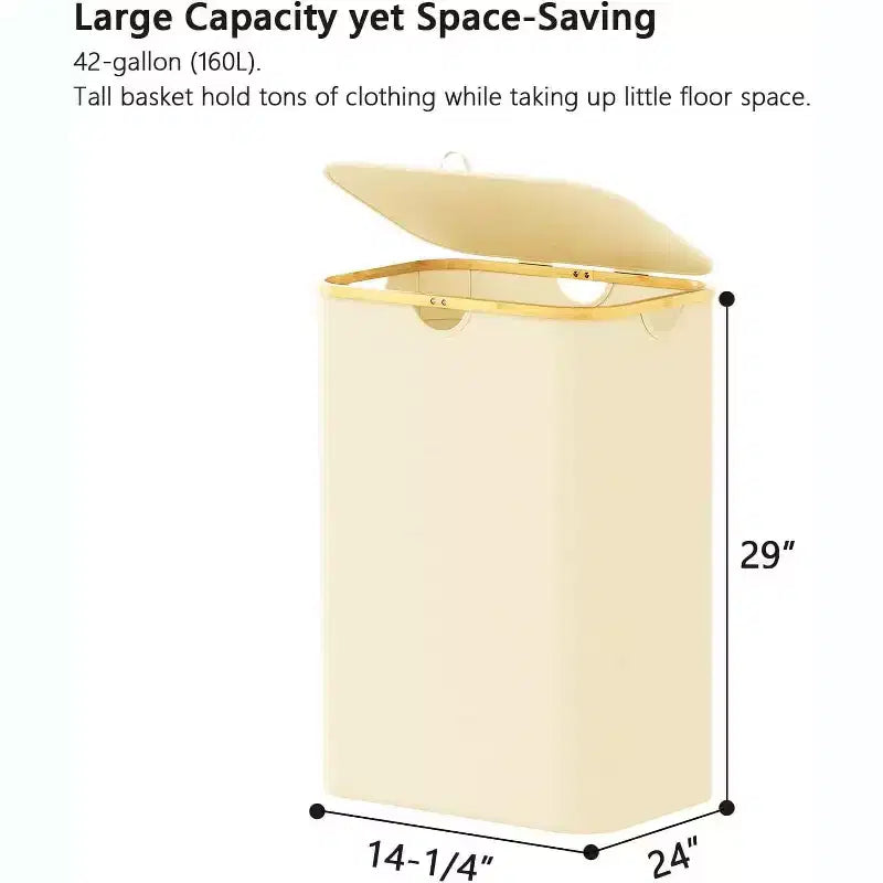 Laundry Hamper 2-compartment with 2 Removable Bags 160L Collapsible Basket with Lid and Bamboo Handles SpaceAid