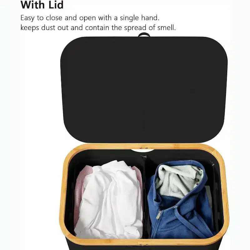 Laundry Hamper 2-compartment with 2 Removable Bags 160L Collapsible Basket with Lid and Bamboo Handles SpaceAid