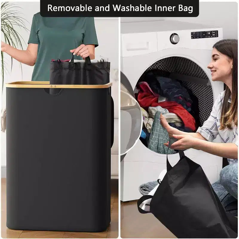 Laundry Hamper 2-compartment with 2 Removable Bags 160L Collapsible Basket with Lid and Bamboo Handles SpaceAid