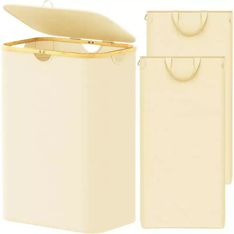 Laundry Hamper 2-compartment with 2 Removable Bags 160L Collapsible Basket with Lid and Bamboo Handles SpaceAid
