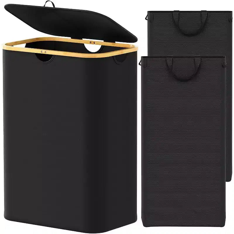 Laundry Hamper 2-compartment with 2 Removable Bags 160L Collapsible Basket with Lid and Bamboo Handles SpaceAid