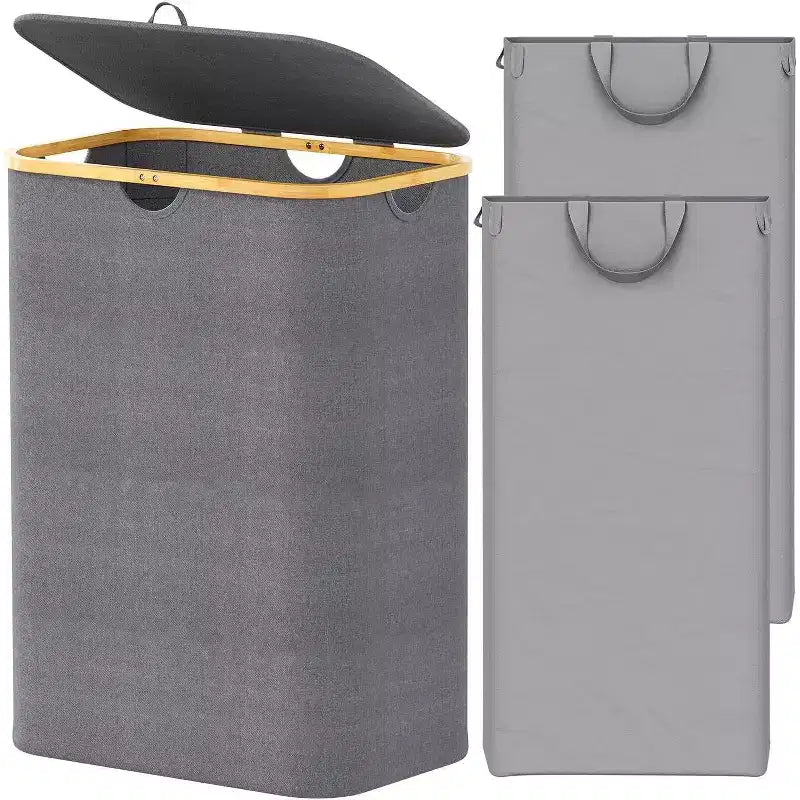 Laundry Hamper 2-compartment with 2 Removable Bags 160L Collapsible Basket with Lid and Bamboo Handles SpaceAid
