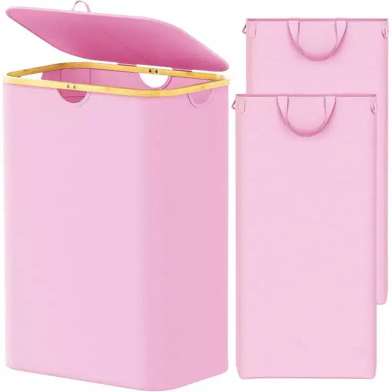 Laundry Hamper 2-compartment with 2 Removable Bags 160L Collapsible Basket with Lid and Bamboo Handles SpaceAid