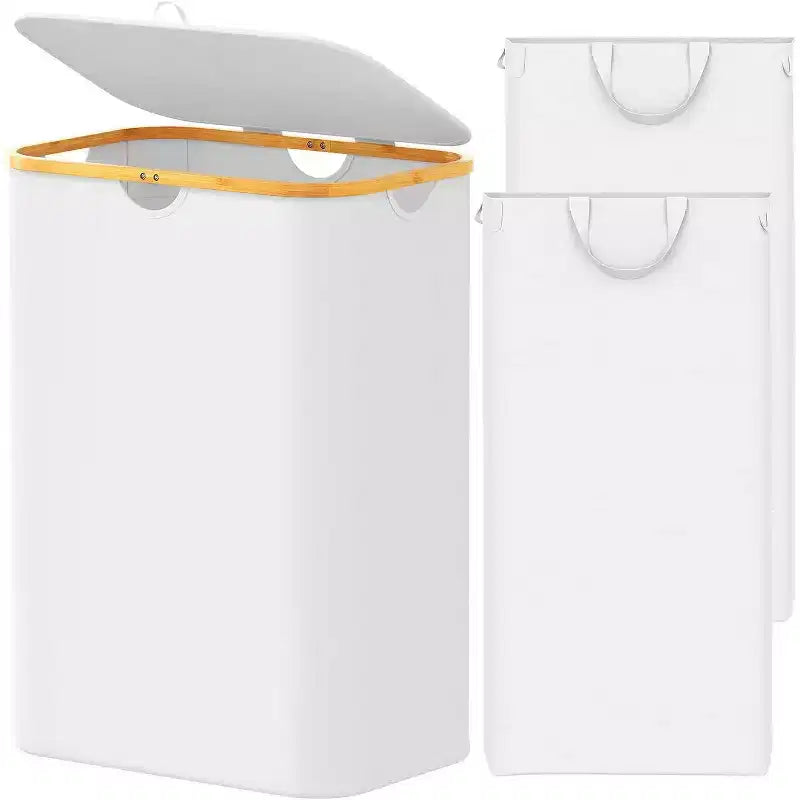 Laundry Hamper 2-compartment with 2 Removable Bags 160L Collapsible Basket with Lid and Bamboo Handles SpaceAid