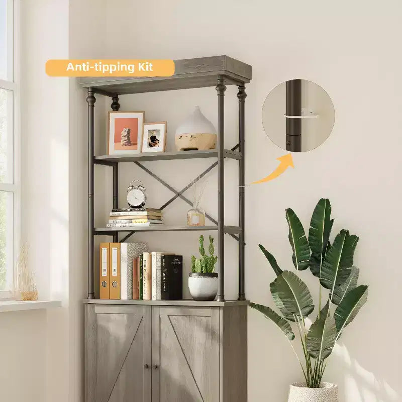 Industrial Farmhouse Bookcase with Doors - 74 Tall Wood & Metal Bookshelf with Storage Cabinet for Living Room Home Office Bedroom Library