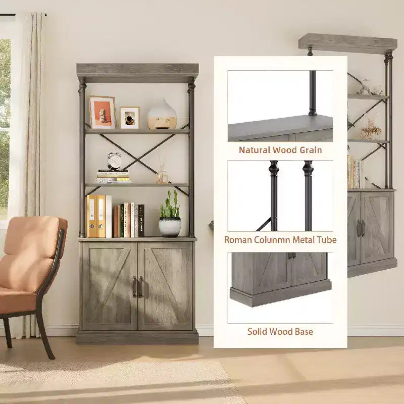 Industrial Farmhouse Bookcase with Doors - 74 Tall Wood & Metal Bookshelf with Storage Cabinet for Living Room Home Office Bedroom Library