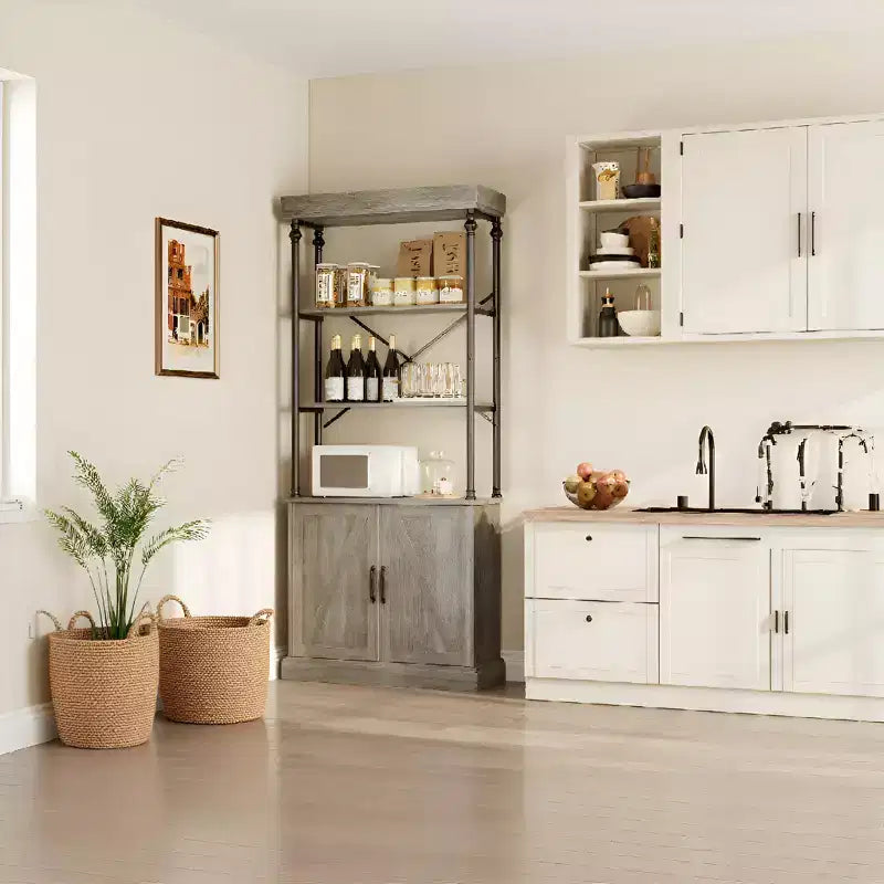 Industrial Farmhouse Bookcase with Doors - 74 Tall Wood & Metal Bookshelf with Storage Cabinet for Living Room Home Office Bedroom Library