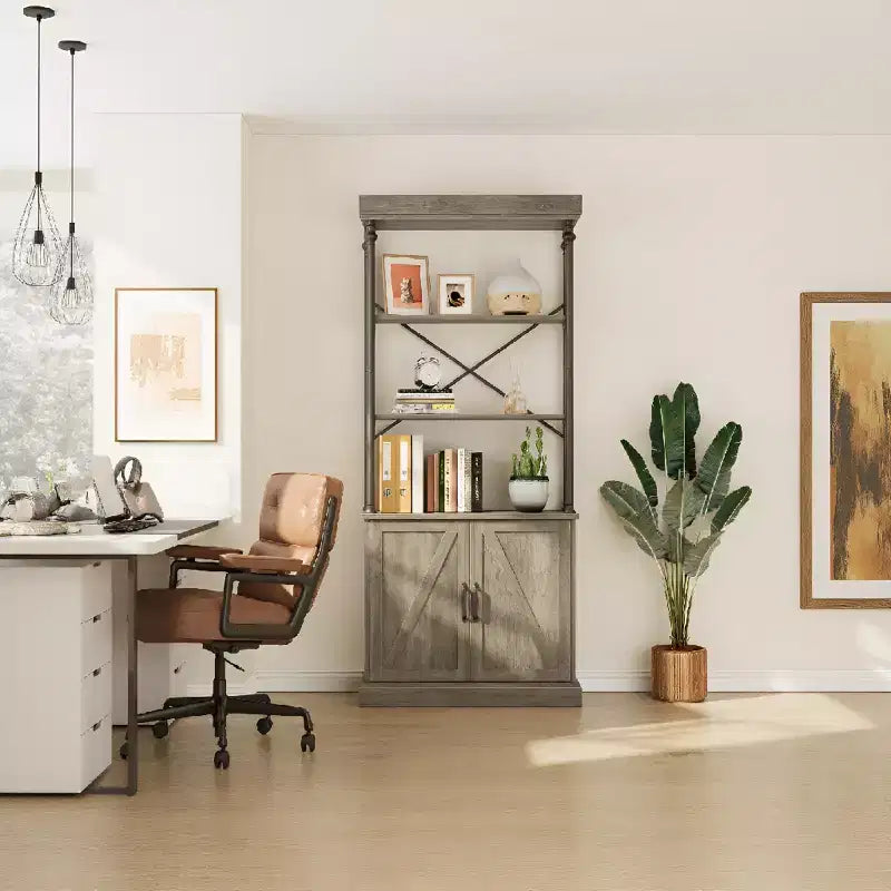 Industrial Farmhouse Bookcase with Doors - 74 Tall Wood & Metal Bookshelf with Storage Cabinet for Living Room Home Office Bedroom Library