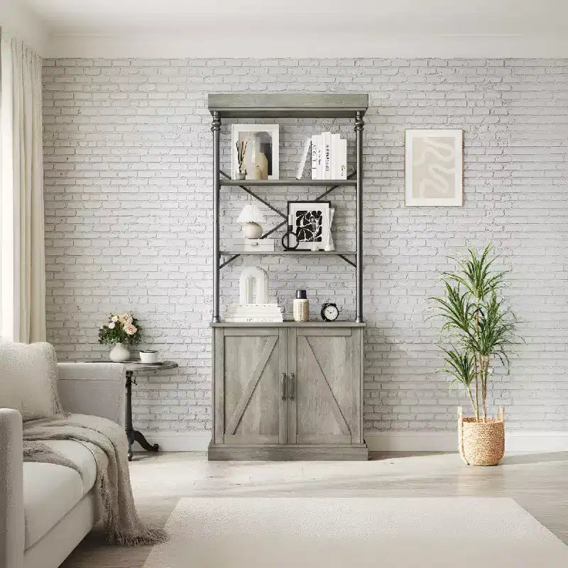 Industrial Farmhouse Bookcase with Doors - 74 Tall Wood & Metal Bookshelf with Storage Cabinet for Living Room Home Office Bedroom Library